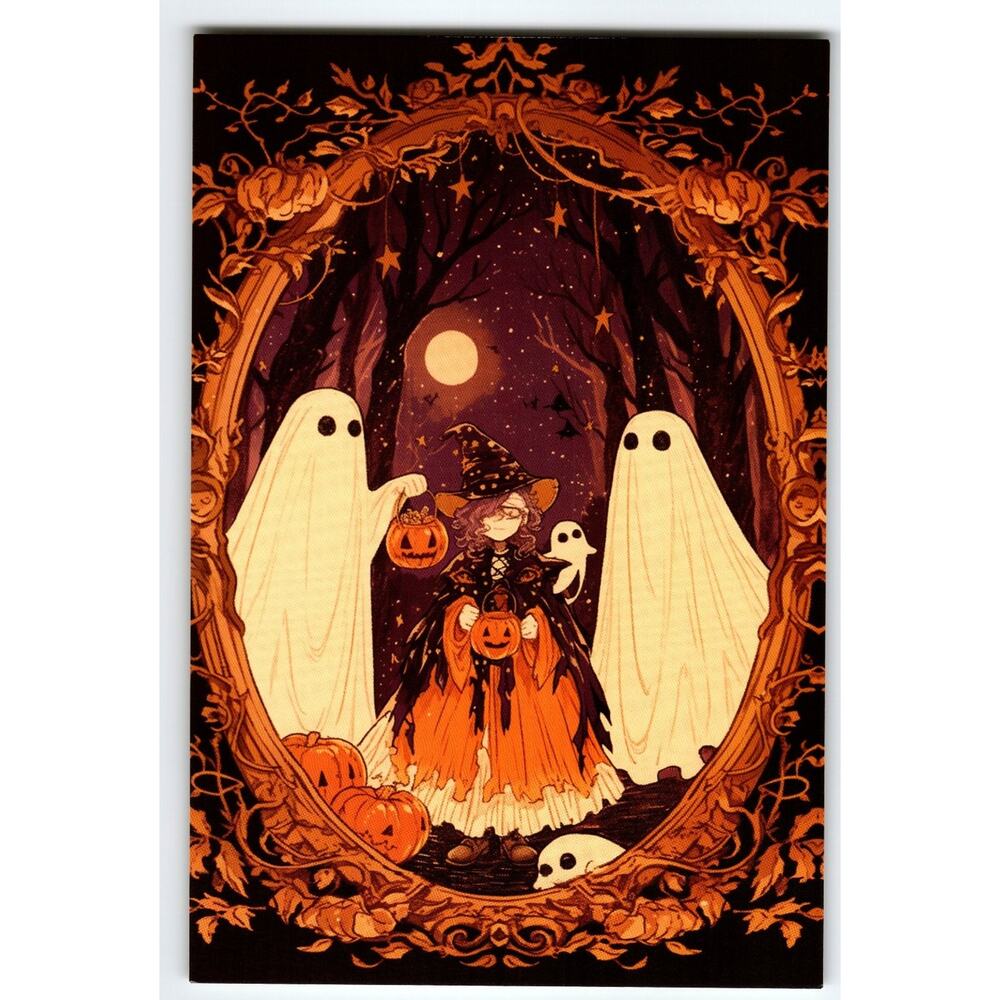 Vintage Halloween Witch & Ghosts Photochrome Postcard with Pumpkins